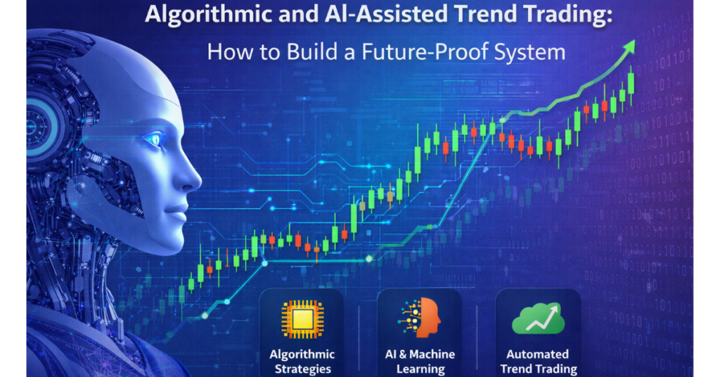 AI-powered trading system analyzing a rising market trend with algorithmic signals and automation.