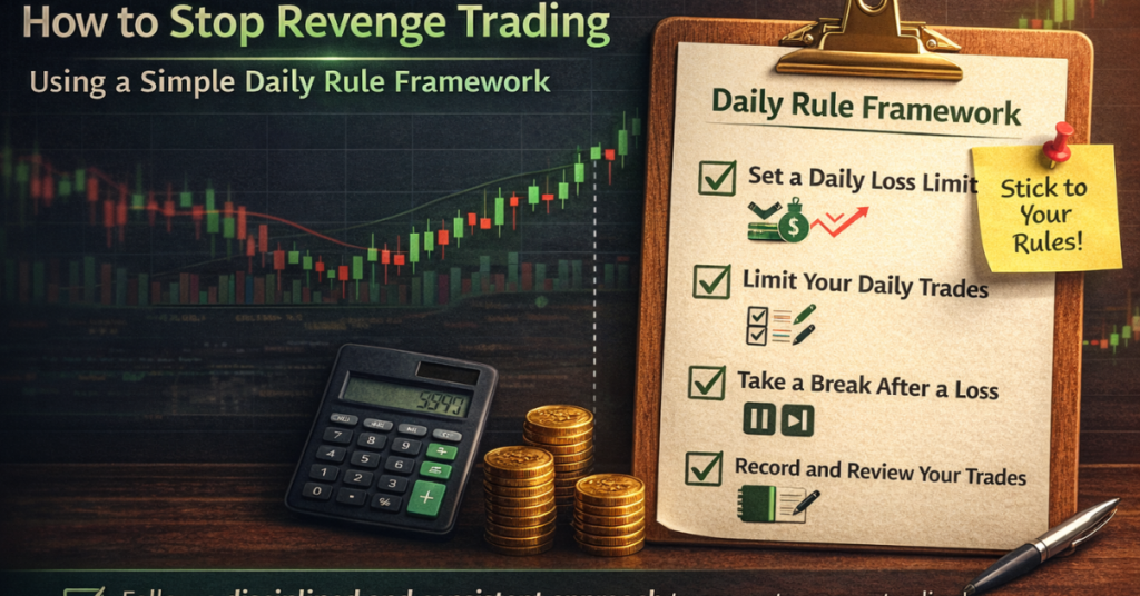 Clipboard showing a daily trading rule checklist to stop revenge trading with a stock chart background and calculator on desk.