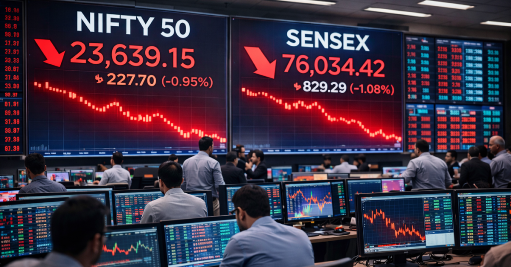 Indian stock market dashboard showing decline in Nifty and Sensex indices.