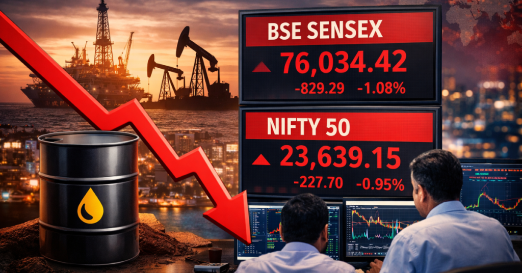 Oil supply risk and rising crude prices impacting Indian stock market as Nifty 50 Index and BSE Sensex decline amid global tensions.