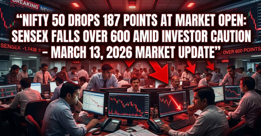 Nifty 50 and Sensex open lower on March 13, 2026, showing declining candlestick charts and a busy stock market trading floor