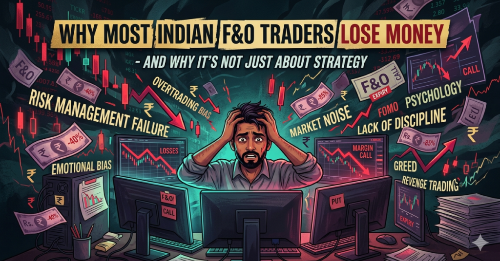 An stressed Indian stock trader holding his head in frustration in front of multiple computer screens displaying losses, margin calls, and psychological trading traps like greed and revenge trading.