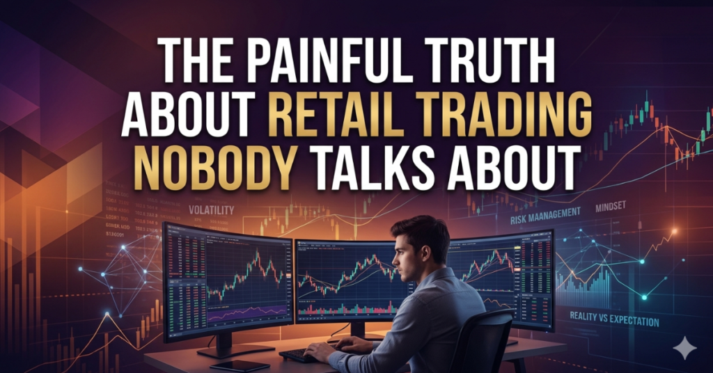 A stressed retail trader analyzing volatile market charts on multiple monitors, representing the hidden risks of trading.