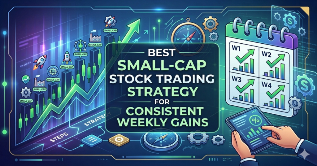 digital trading graphic featuring a dark blue UI dashboard with green candlestick charts, a weekly calendar showing positive growth, a navigation compass, and bold central text reading 'Best Small-Cap Stock Trading Strategy for Consistent Weekly Gains'